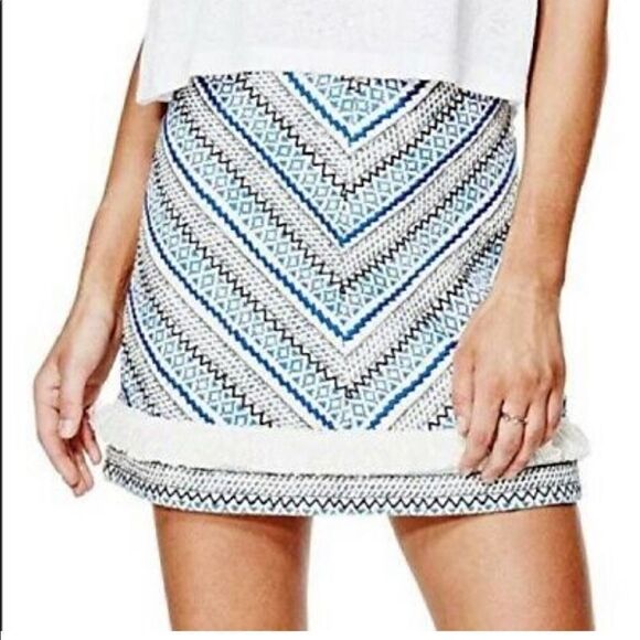 Guess Womens Embroidered Skirt Blue White Aztec Fringe Lined Mini Size S - Picture 3 of 7